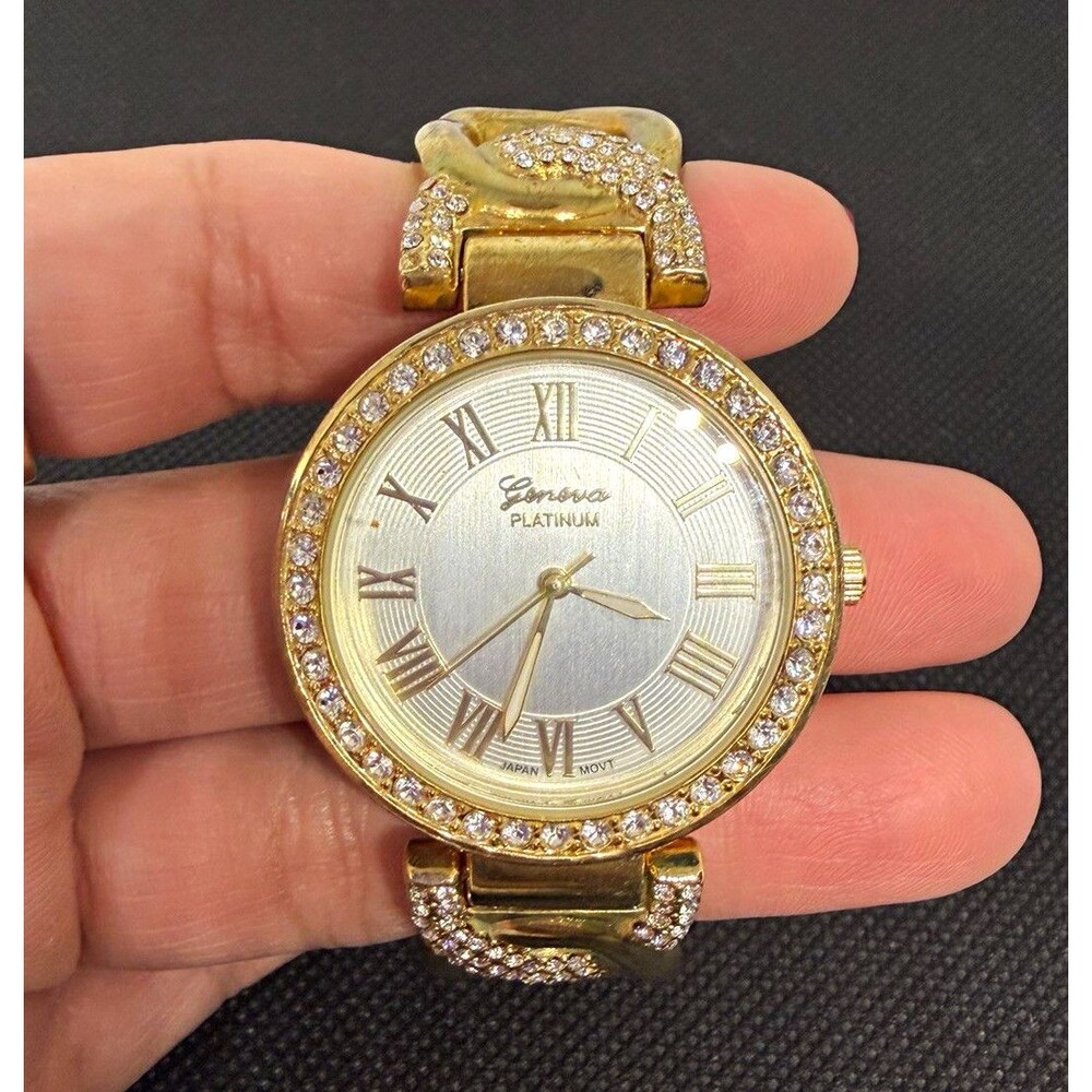 Genova Platinum Gold Tone Crystal Bezel Women’s Quartz Bracelet Watch Japan Movt